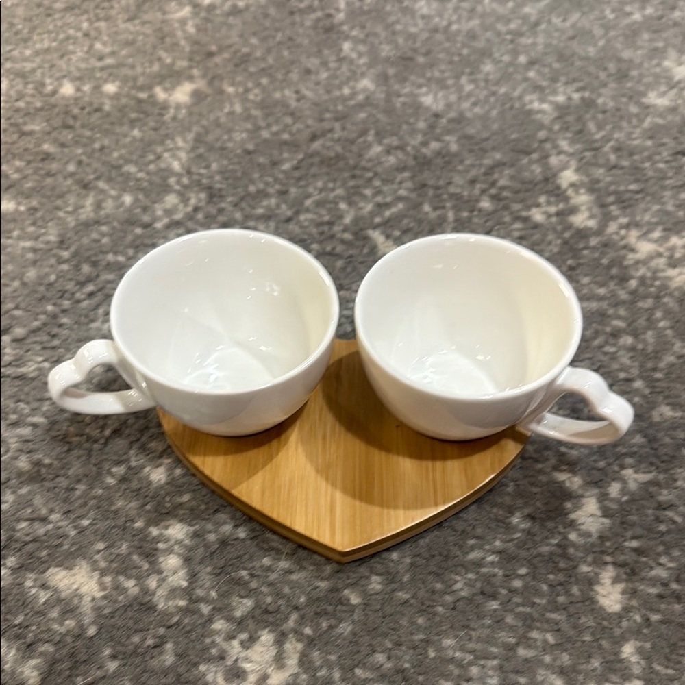 Heart-Shaped Wooden Tray with White Cups